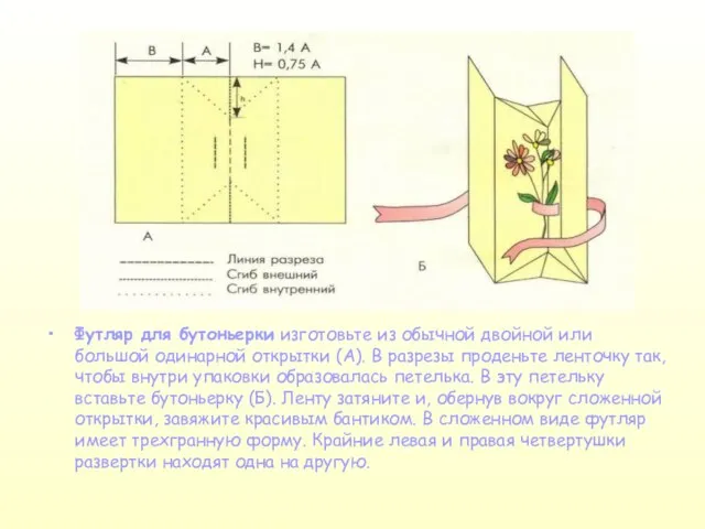 Футляр для бутоньерки изготовьте из обычной двойной или большой одинарной открытки (А).