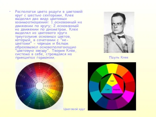 Располагая цвета радуги в цветовой круг с шестью секторами, Клее выделял два