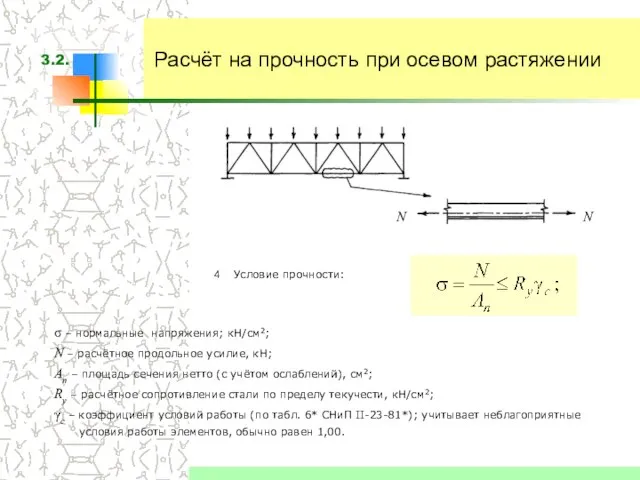 Расчёт на прочность при осевом растяжении Условие прочности: σ – нормальные напряжения;