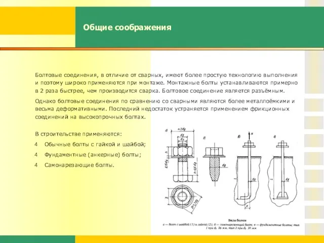 Общие соображения В строительстве применяются: Обычные болты с гайкой и шайбой; Фундаментные