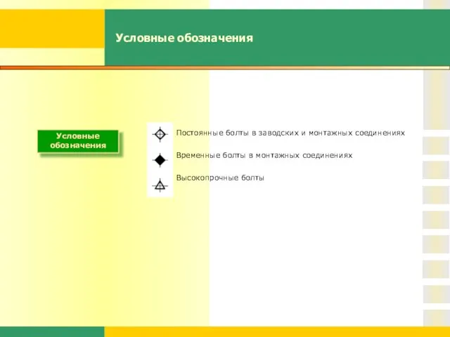 Условные обозначения Постоянные болты в заводских и монтажных соединениях Временные болты в