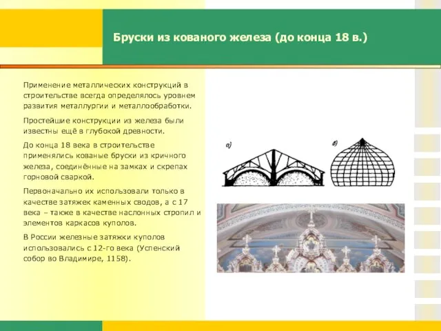 Бруски из кованого железа (до конца 18 в.) Применение металлических конструкций в