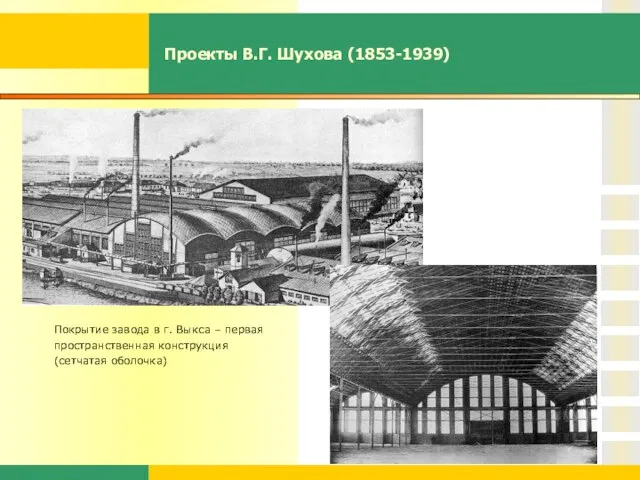 Проекты В.Г. Шухова (1853-1939) Покрытие завода в г. Выкса – первая пространственная конструкция (сетчатая оболочка)