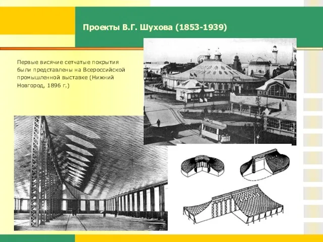 Проекты В.Г. Шухова (1853-1939) Первые висячие сетчатые покрытия были представлены на Всероссийской