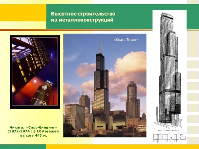 Высотное строительство из металлоконструкций Чикаго, «Сирс-билдинг» (1972-1974 г.) 109 этажей, высота 445 м. «Sears Tower»