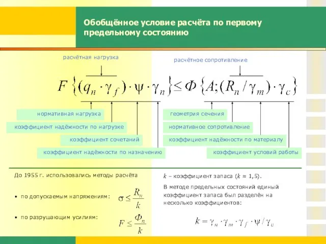 Обобщённое условие расчёта по первому предельному состоянию До 1955 г. использовались методы