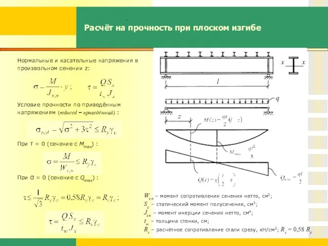 Расчёт на прочность при плоском изгибе Нормальные и касательные напряжения в произвольном