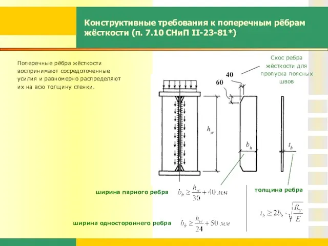 Конструктивные требования к поперечным рёбрам жёсткости (п. 7.10 СНиП II-23-81*) Поперечные рёбра