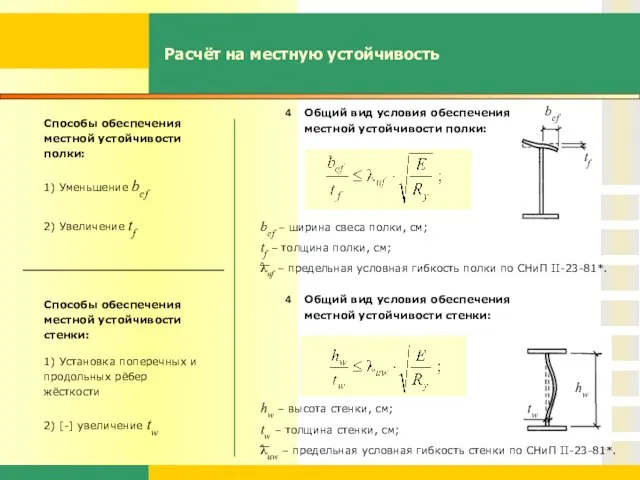 Расчёт на местную устойчивость Общий вид условия обеспечения местной устойчивости полки: bef