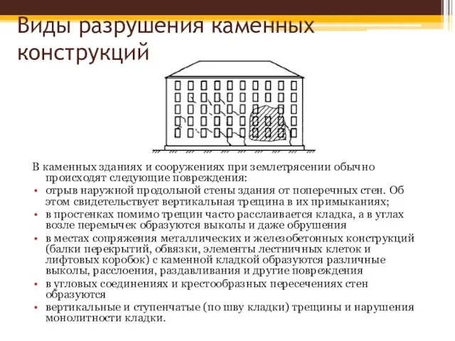 В каменных зданиях и сооружениях при землетрясении обычно происходят следующие повреждения: отрыв