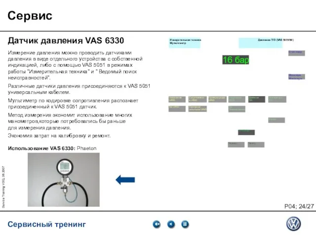 Service Training VSQ, 06.2007 Сервис Датчик давления VAS 6330 Измерение давления можно