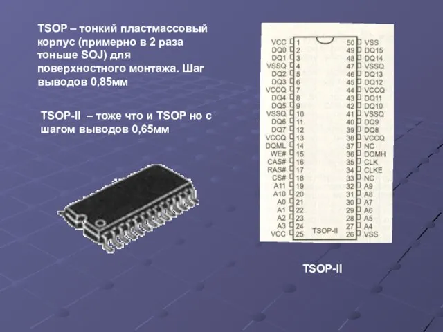 TSOP – тонкий пластмассовый корпус (примерно в 2 раза тоньше SOJ) для