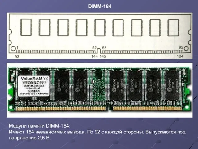 DIMM-184 Модули памяти DIMM-184: Имеют 184 независимых вывода. По 92 с каждой