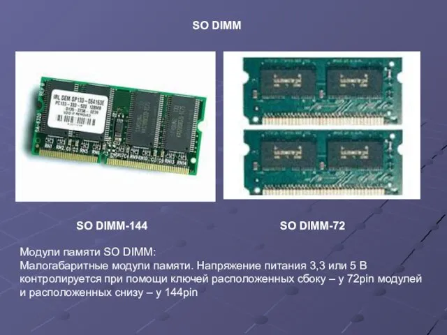 SO DIMM-144 Модули памяти SO DIMM: Малогабаритные модули памяти. Напряжение питания 3,3