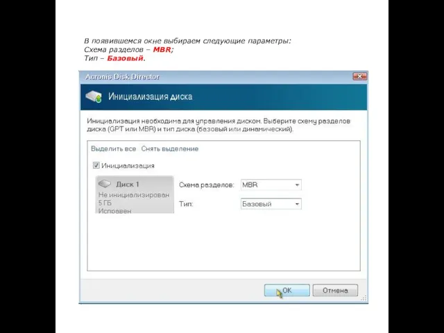 В появившемся окне выбираем следующие параметры: Схема разделов – MBR; Тип – Базовый.