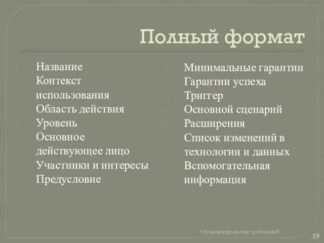 Полный формат Название Контекст использования Область действия Уровень Основное действующее лицо Участники