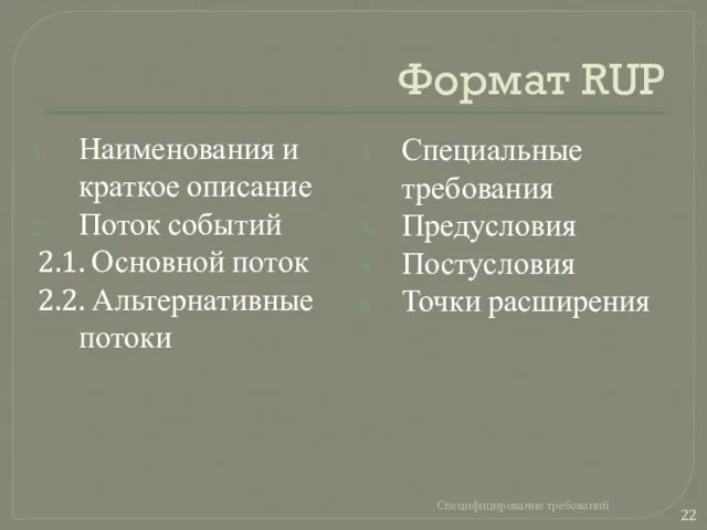 Формат RUP Наименования и краткое описание Поток событий 2.1. Основной поток 2.2.