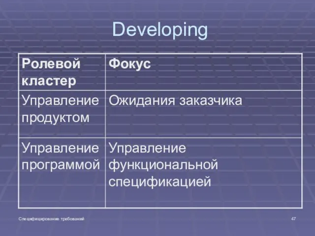 Специфицирование требований Developing