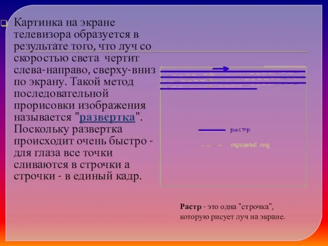 Картинка на экране телевизора образуется в результате того, что луч со скоростью