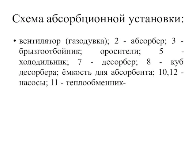 Схема абсорбционной установки: вентилятор (газодувка); 2 - абсорбер; 3 - брызгоотбойник; оросители;