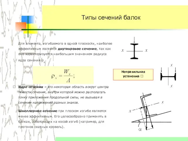 Типы сечений балок Для элемента, изгибаемого в одной плоскости, наиболее эффективным является