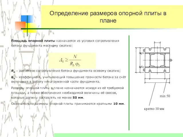 Площадь опорной плиты назначается из условия сопротивления бетона фундамента местному сжатию: Rb