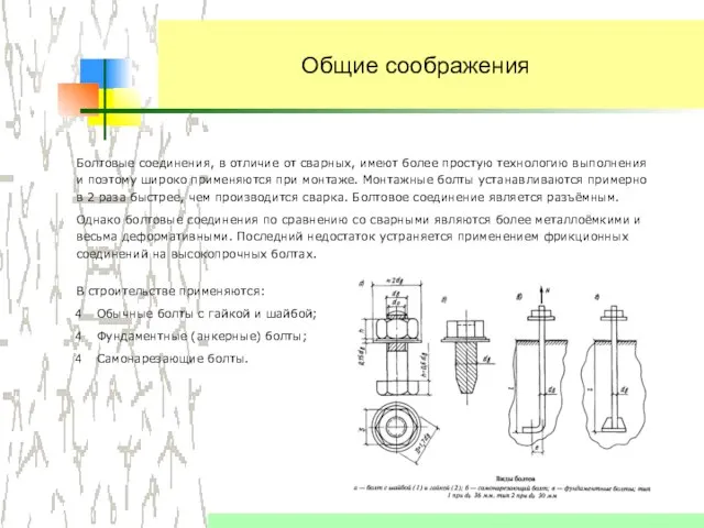 Общие соображения В строительстве применяются: Обычные болты с гайкой и шайбой; Фундаментные