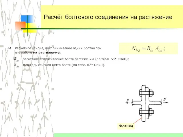 Расчёт болтового соединения на растяжение Расчётное усилие, воспринимаемое одним болтом при его