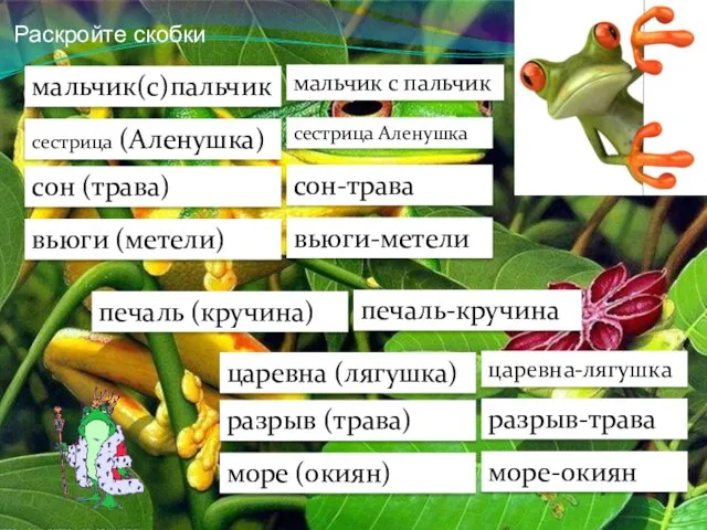 Раскройте скобки мальчик(с)пальчик мальчик с пальчик сестрица (Аленушка) сестрица Аленушка сон (трава)