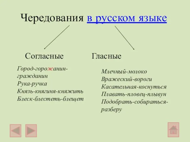 Чередования в русском языке Согласные Гласные Город-горожанин-гражданин Рука-ручка Князь-княгиня-княжить Блеск-блестеть-блещет Млечный-молоко Вражеский-вороги Касательная-коснуться Плавать-пловец-плывун Подобрать-собираться-разберу