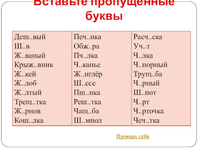 Вставьте пропущенные буквы Проверь себя