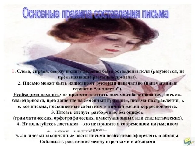 Основные правила составления письма 1. Слева, справа, сверху и снизу должны быть