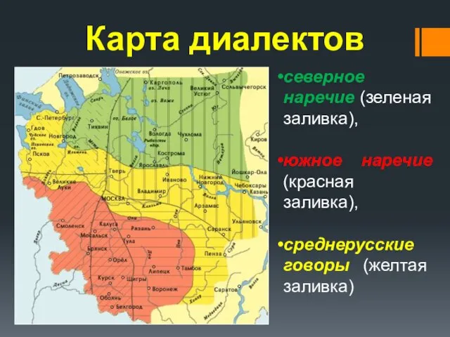 Карта диалектов северное наречие (зеленая заливка), южное наречие (красная заливка), среднерусские говоры (желтая заливка)