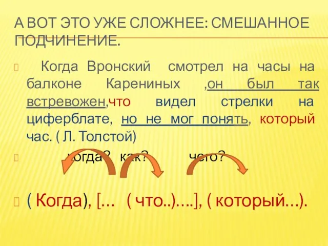 А вот это уже сложнее: Смешанное подчинение. Когда Вронский смотрел на часы