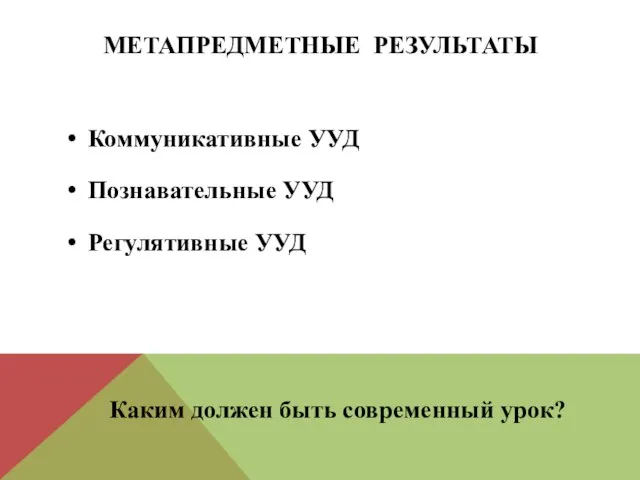 МЕТАПРЕДМЕТНЫЕ РЕЗУЛЬТАТЫ Коммуникативные УУД Познавательные УУД Регулятивные УУД Каким должен быть современный урок?