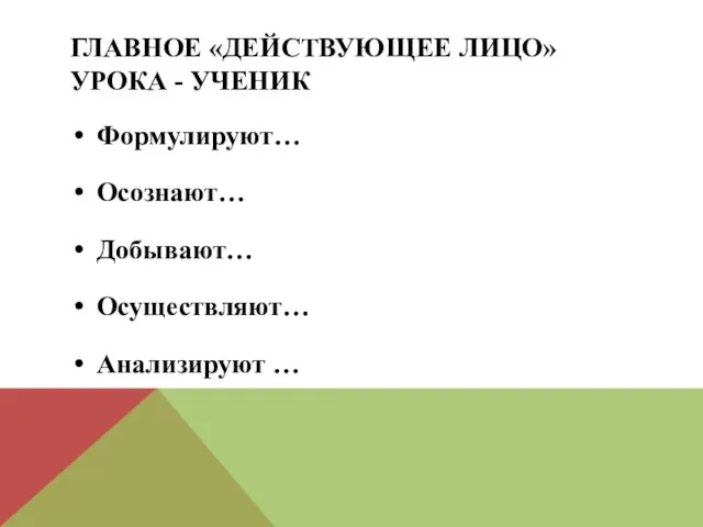 ГЛАВНОЕ «ДЕЙСТВУЮЩЕЕ ЛИЦО» УРОКА - УЧЕНИК Формулируют… Осознают… Добывают… Осуществляют… Анализируют …