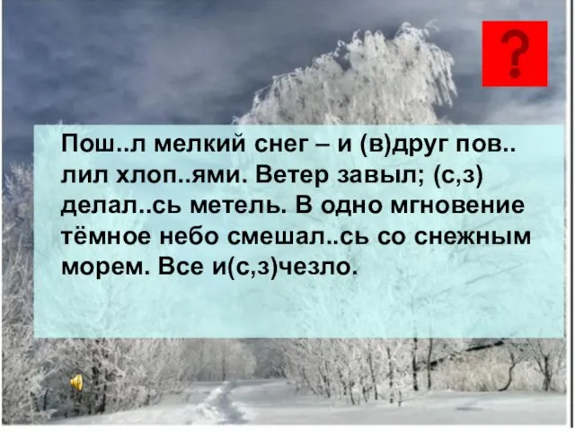 Пош..л мелкий снег – и (в)друг пов..лил хлоп..ями. Ветер завыл; (с,з)делал..сь метель.