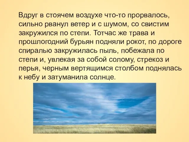 Вдруг в стоячем воздухе что-то прорвалось, сильно рванул ветер и с шумом,