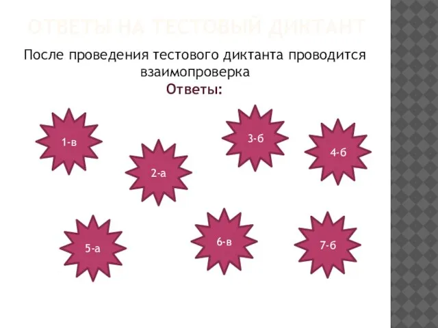 Ответы на тестовый диктант После проведения тестового диктанта проводится взаимопроверка Ответы: 1-в