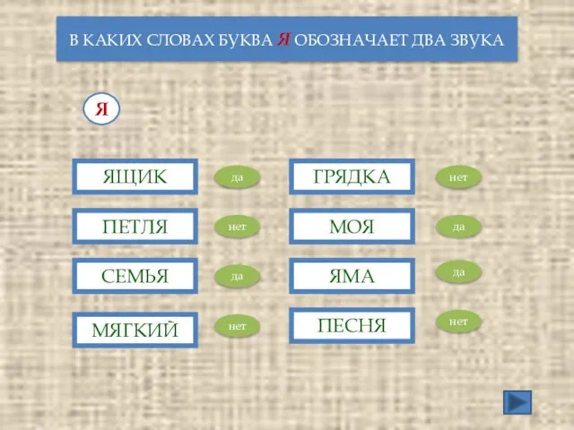 В КАКИХ СЛОВАХ БУКВА Я ОБОЗНАЧАЕТ ДВА ЗВУКА Я ЯЩИК ПЕТЛЯ СЕМЬЯ