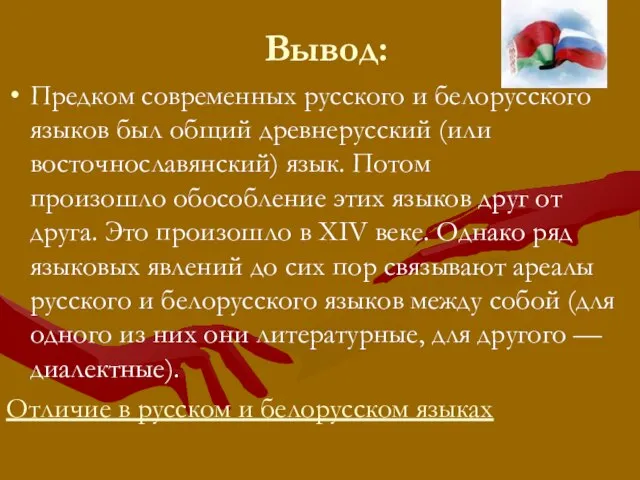 Вывод: Предком современных русского и белорусского языков был общий древнерусский (или восточнославянский)