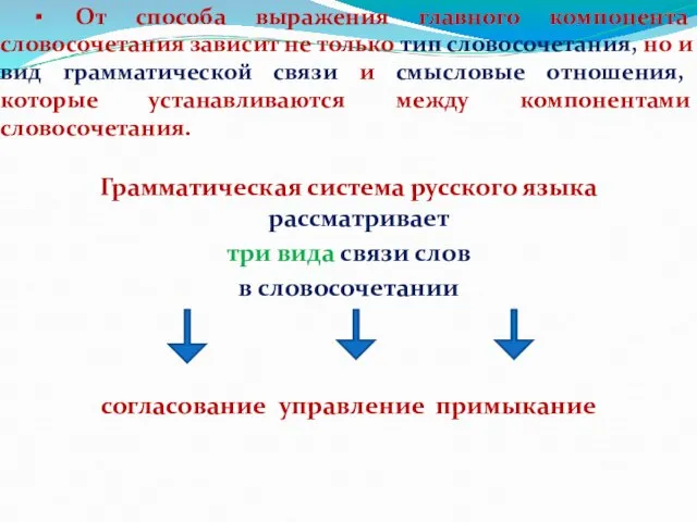 ▪ От способа выражения главного компонента словосочетания зависит не только тип словосочетания,