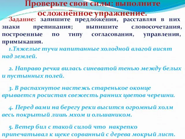 Задание: запишите предложения, расставляя в них знаки препинания; выпишите словосочетания, построенные по