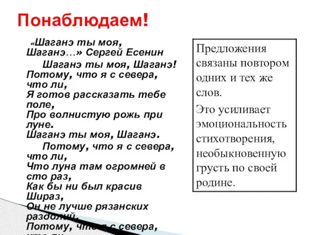 Понаблюдаем! «Шаганэ ты моя, Шаганэ…» Сергей Есенин Шаганэ ты моя, Шаганэ! Потому,