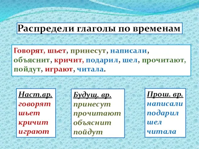 Распредели глаголы по временам Говорят, шьет, принесут, написали, объяснит, кричит, подарил, шел,