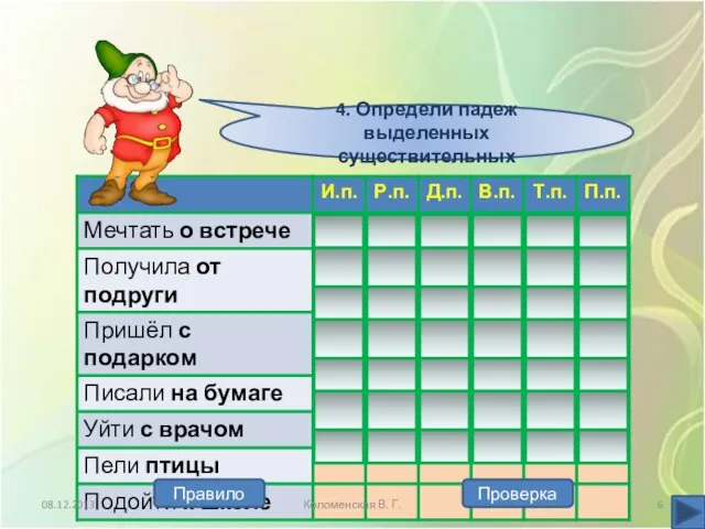 08.12.2013 Коломенская В. Г. Проверка Правило 4. Определи падеж выделенных существительных