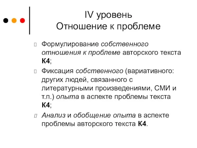 IV уровень Отношение к проблеме Формулирование собственного отношения к проблеме авторского текста