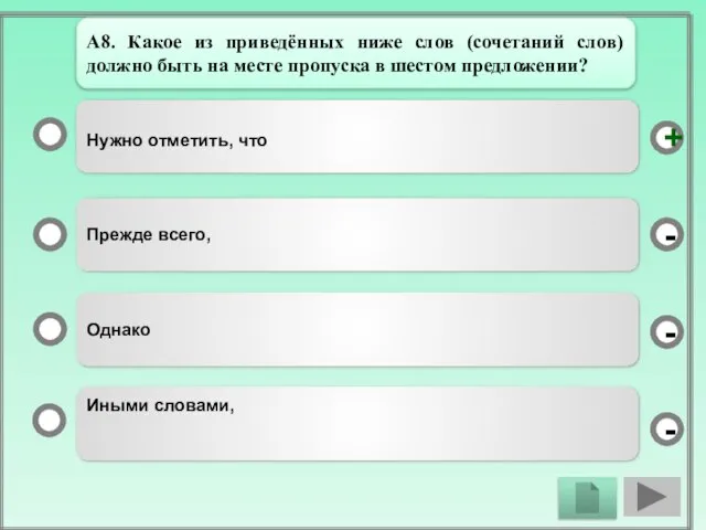 Нужно отметить, что Прежде всего, Однако Иными словами, - - + -