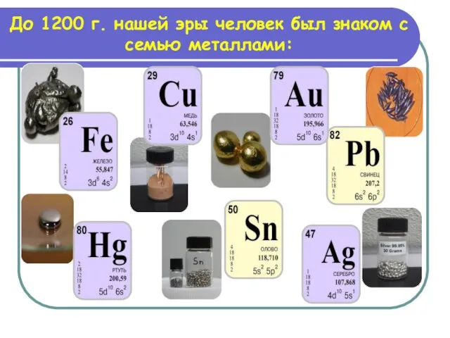 До 1200 г. нашей эры человек был знаком с семью металлами: