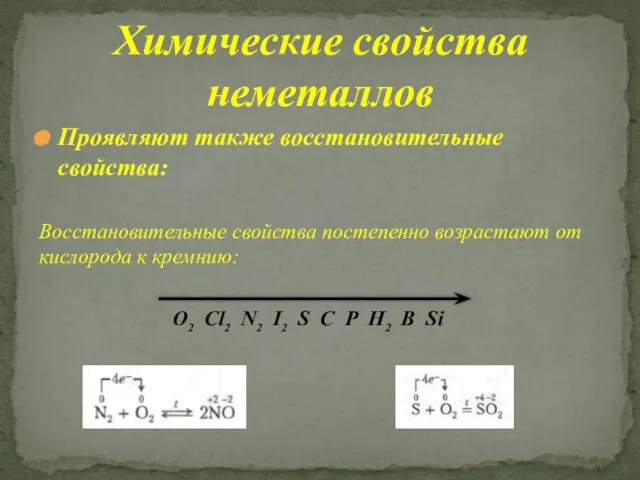 Проявляют также восстановительные свойства: Восстановительные свойства постепенно возрастают от кислорода к кремнию: